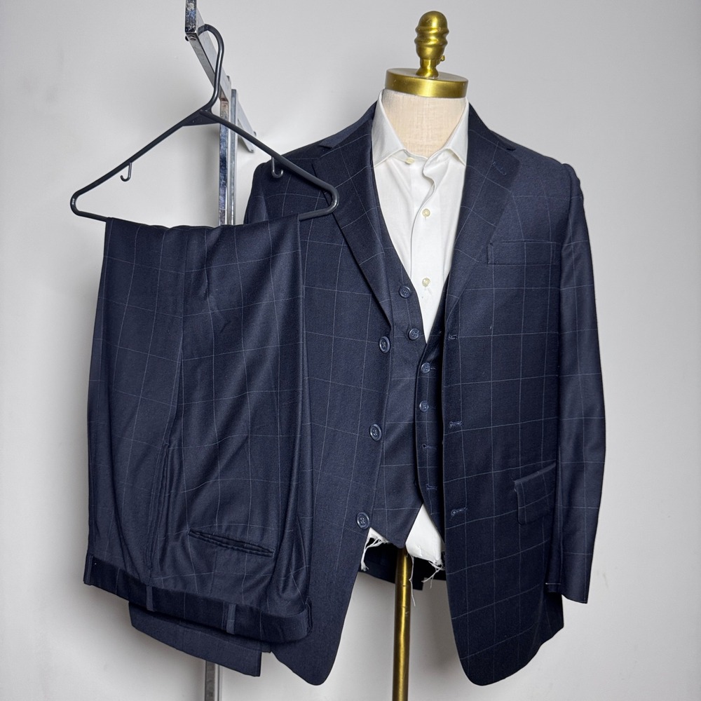 Custom Tailored 3 Piece Suit Mens 38R 33W Navy Blue Windowpane Wool Notch Lapel